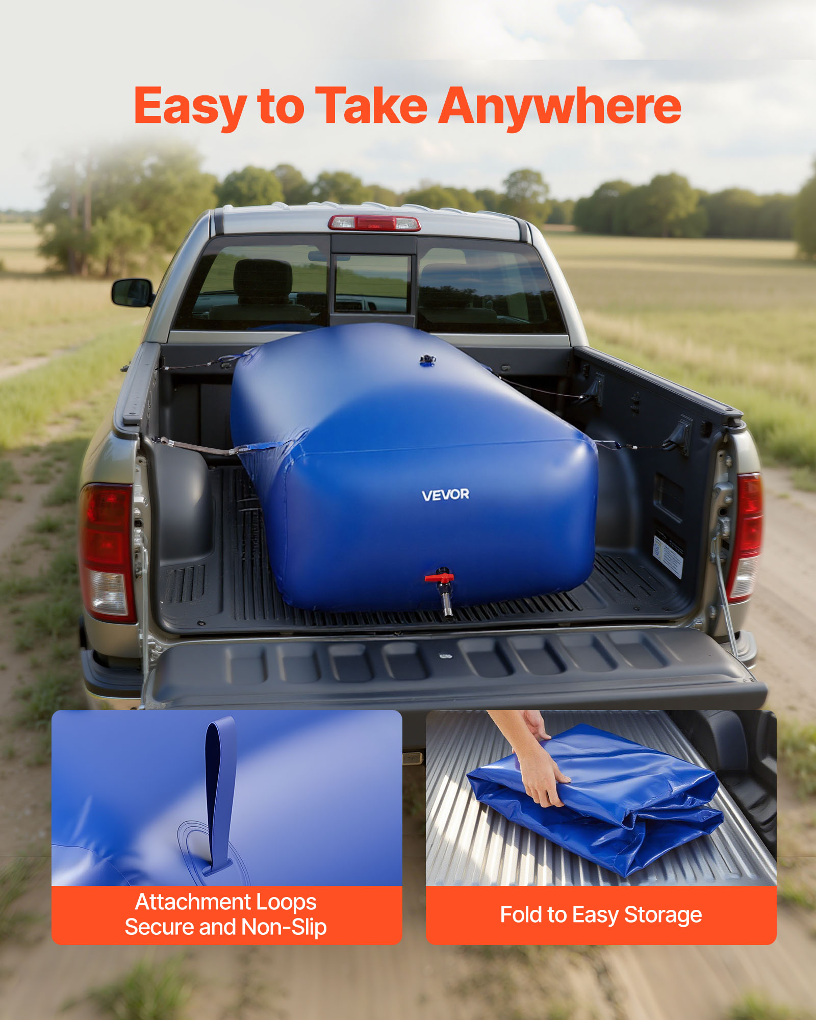 VEVOR Water Storage Bladder 264.2 Gallon Large Capacity Water Bag,Portable & Collapsible Soft Waters Container, Leakproof & Tear-Resistant PVC Emergency Waters Storage Tank for RV Truck & Outdoor Use