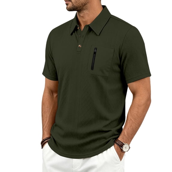 LEKWK Golf Shirt for Men Short Sleeve Collared Shirt with Zipper Chest Pocket Casual Textured Knit Lightweight Breathable Summer Activewear Army Green XL
