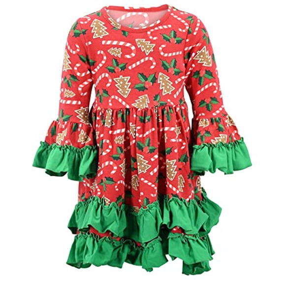Girls Candy Cane Cookie Pattern Flare Christmas Dress Outfit Clothes (10Y, Red)