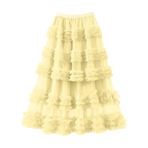 Arlun Lace Layered Skirt for High Waist Flared A Line Loose Fit Elegant Party Casual Wear Lightweight Cozy Mesh Ruffles Tiered Flowy Maxi Tutu Skirts Yellow One Size