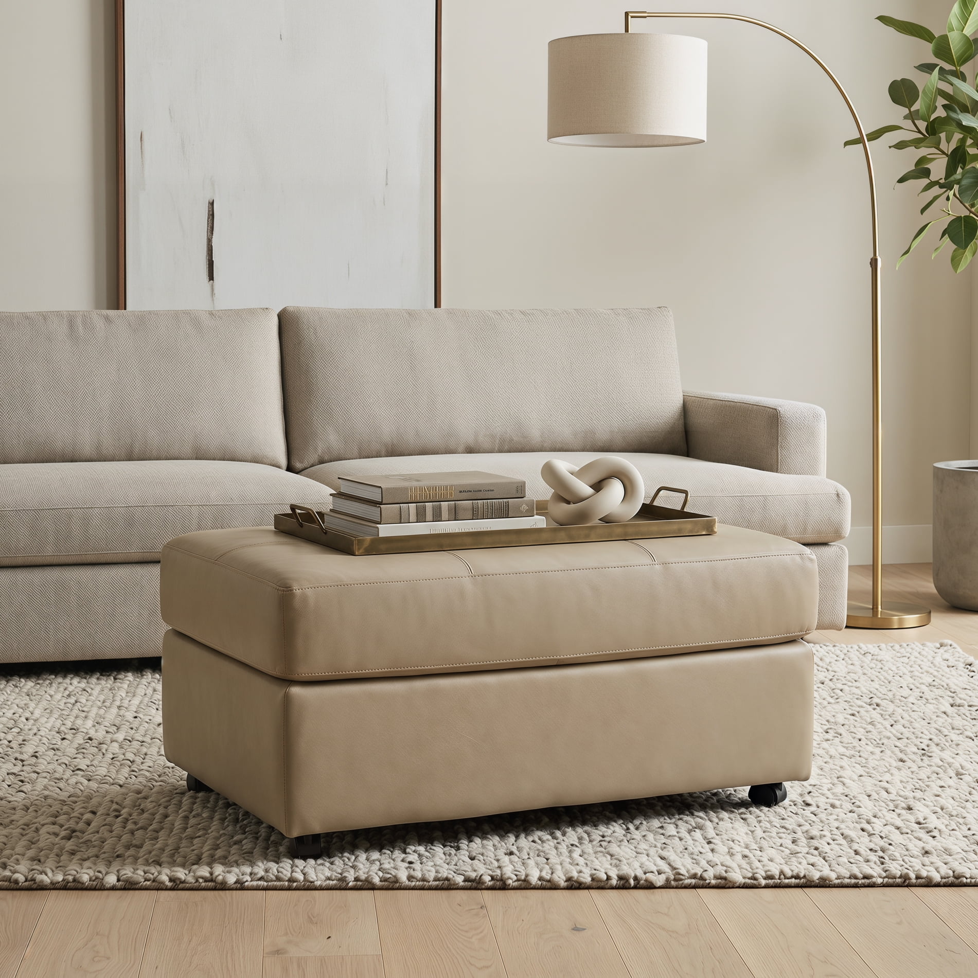 Roundhill Furniture Sakan Leather Upholstered Ottoman, Beige