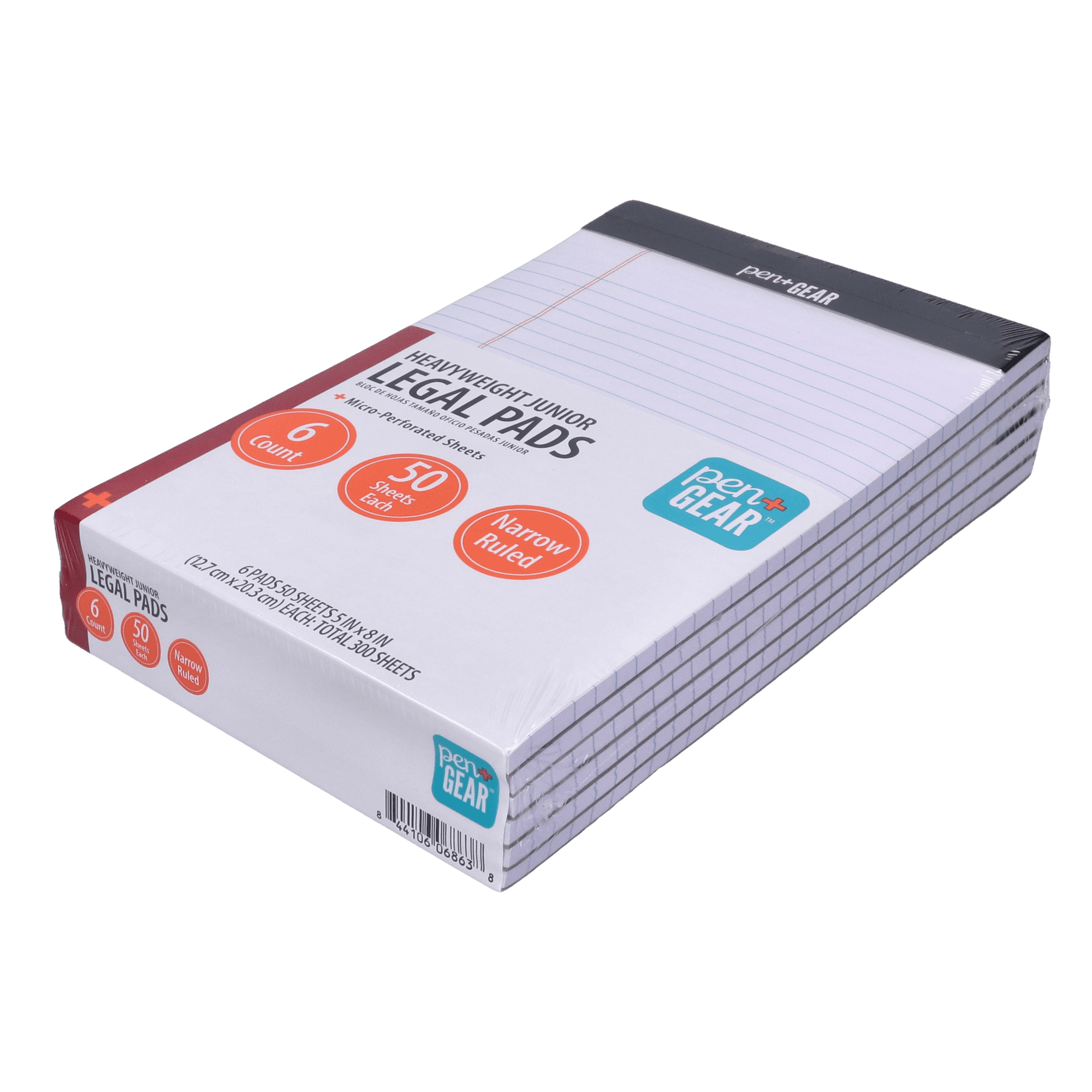 Pen+Gear Narrow Ruled Heavyweight Junior Legal Pads, 5"x8", White Paper, 50 Sheets Each, 100 Pages, 6 Pack