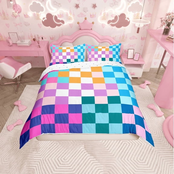 Erosebridal Rainbow Buffalo Grid Comforter Cover Twin, Dreamy Colorful Checkered Plaid Bedding Twin Size, Reversible 2-Piece (No Comforter)