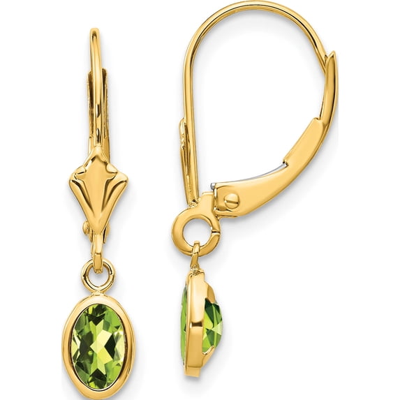 14K Yellow Gold 6X4 Oval Bezel August/Peridot Leverback Earrings (23 X 4) Made In India xbe104