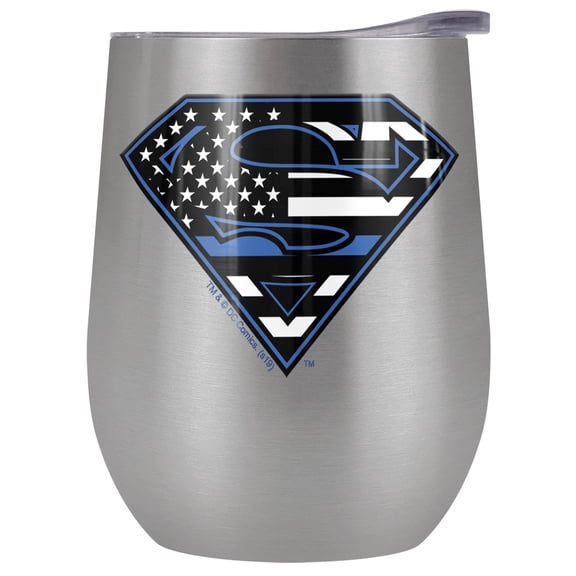 Superman Official Superman Thin Blue Line Flag Shield Logo Pattern 12 OZ Stemless Wine Tumbler, Stainless Steel Travel Cup|Lake Tumbler|Insulated with Leak Resistant Slide-Lock Lid, Stainless Steel