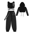 thumbnail image 2 of TiaoBug Kids Girls Hip Hop Jazz Street Dance Outfits Sequins Vest & Long Sleeve Crop Top & Cargo Pants Set Black 6, 2 of 5