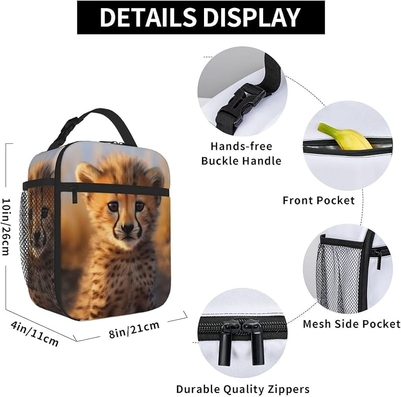 Cute Young Cheetah Lunch Box Funny Animals Golden Light Lunch Bag Insulated Reusable Portable Lunch Tote Cooler Bag For Men Women Teens, Office Work Travel Lunchbox