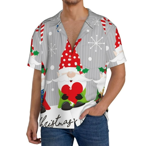 Logiee Merry Christmas Gnome1 Print Men's Button Down Shirts Short Sleeve, Summer Beach Shirts,Vacation Wedding Shirts,Men's Casual Button-Down Shirts with Pocket-Small