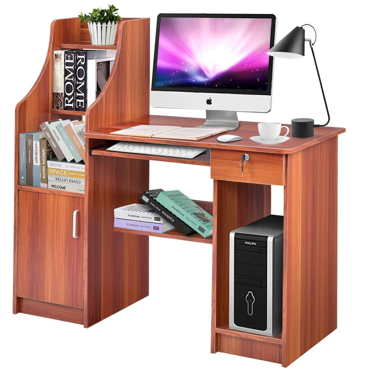 Gymax Computer Study Desk Laptop Table Writing Workstation W/Bookshelf ...