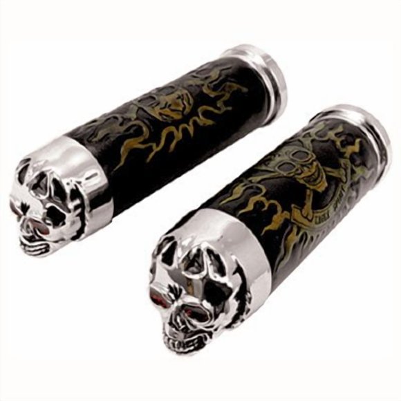 V-Factor Skull & Flame Hand Grip Set For Harley-Davidson Models with Exterior Throttle Cables