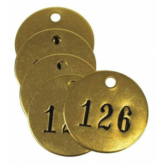 Numbered Tag, Brass, 1 1/2 in H x 1 1/2 in W, Yellow, Round, 25 PK