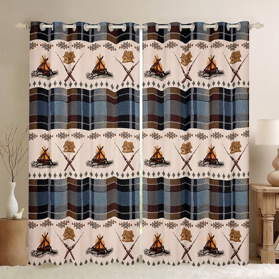 Manfei Happy Camping Black Out Curtains,Rustic Hunting Curtains Pack of 2 (42x63 Each),Rustic Farmhouse Cabin Bedroom Curtains For Boys Teens,Microfiber Bedroom Decor