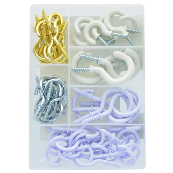 Hillman Assorted Cup Hooks Set, 55 Pieces – Mixed Sizes & Finishes for Lightweight Hanging, Includes Brass, Zinc, White & Vinyl Coated Hooks Pack of 1
