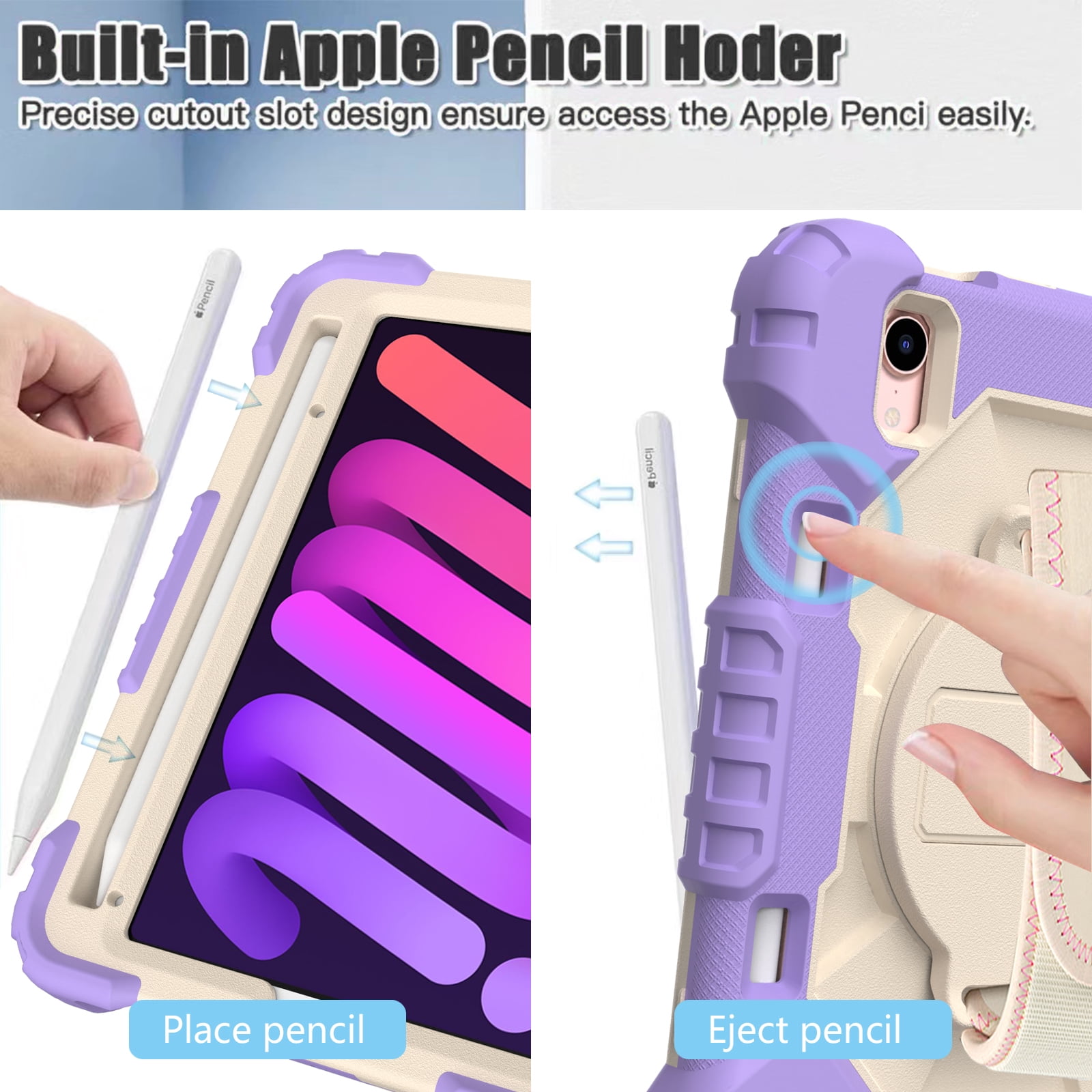 Case for iPad Mini 6 2021 8.3-inch, Kids Shockproof Rugged Hybrid 360 Rotating Stand Cover with Hand Shoulder Strap/Pencil Holder