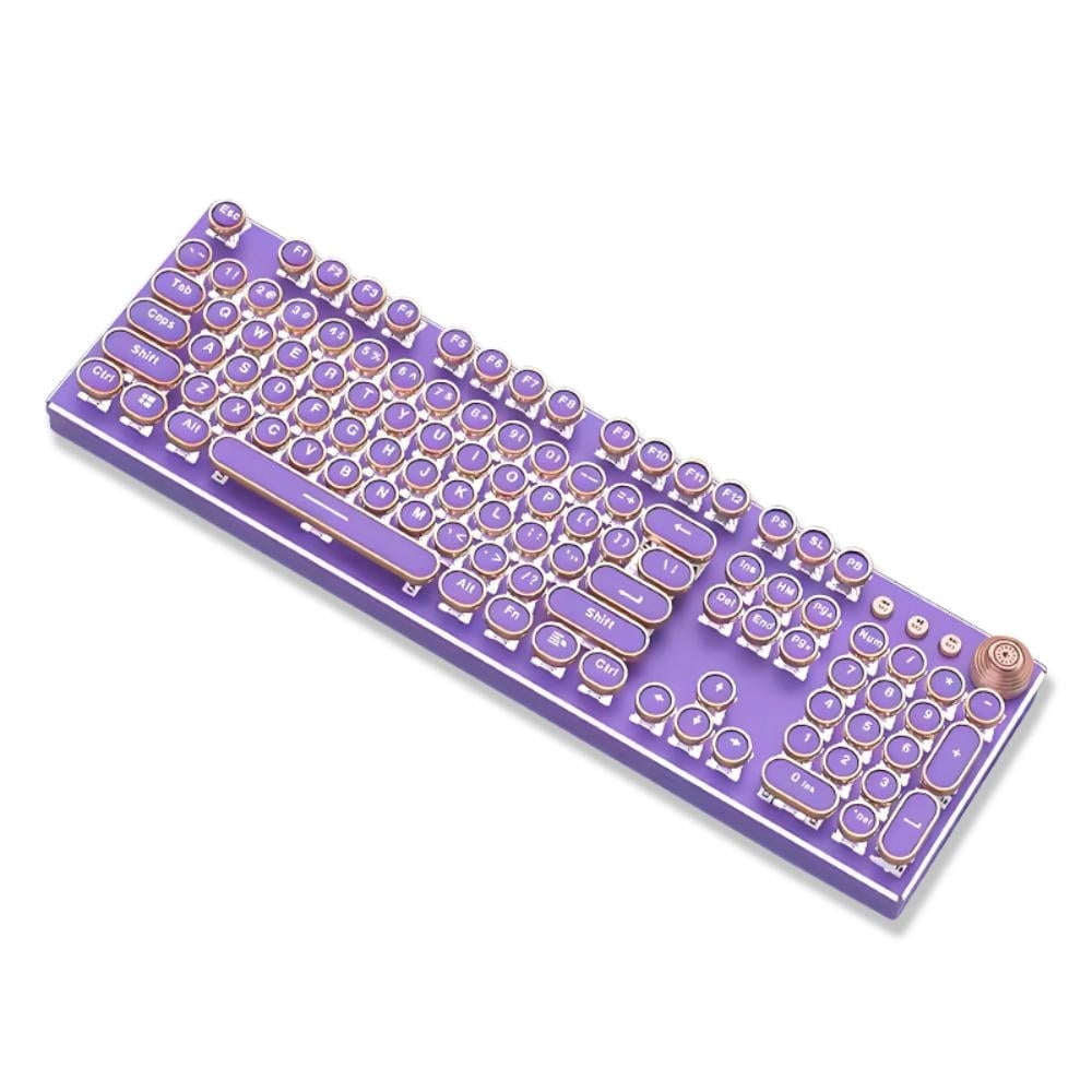 Hnjugfe Typewriter Style Mechanical Gaming Keyboard, Wired Mechanical Keyboards,104 Keys Backlit LED Keyboards, Media Control Knob, Wired Computer Keyboard Pink Switch for Windows/Mac/PC-Purple