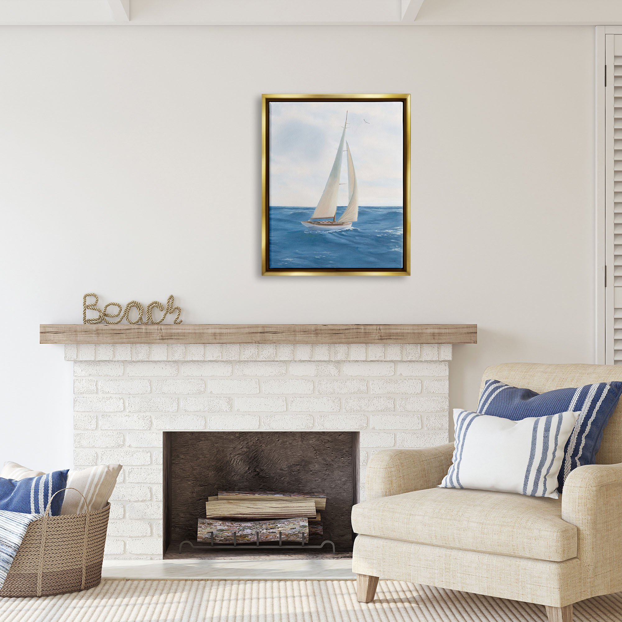 Stupell Industries Sailboat in Ocean Waves Transportation Painting Gold Floater Framed Art Print Wall Art, 25 x 31