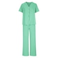 thumbnail image 4 of Scyoekwg Two Piece Outfits for Women Lounge Sets Solid Color Short Sleeve V-Neck Button Tops Wide Leg Pants Casual Tracksuit Sweatsuits Sets Loose Trendy Matching Sets (Green,L), 4 of 8