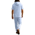 thumbnail image 6 of Mens 2 Piece Linen Set Summer Beach Short Sleeve Button Down Hooded Shirt Long Pant Vacation Casual Outfit with Short Sleeve Button-Up Top and Relaxed Long Pants Light Blue L, 6 of 6