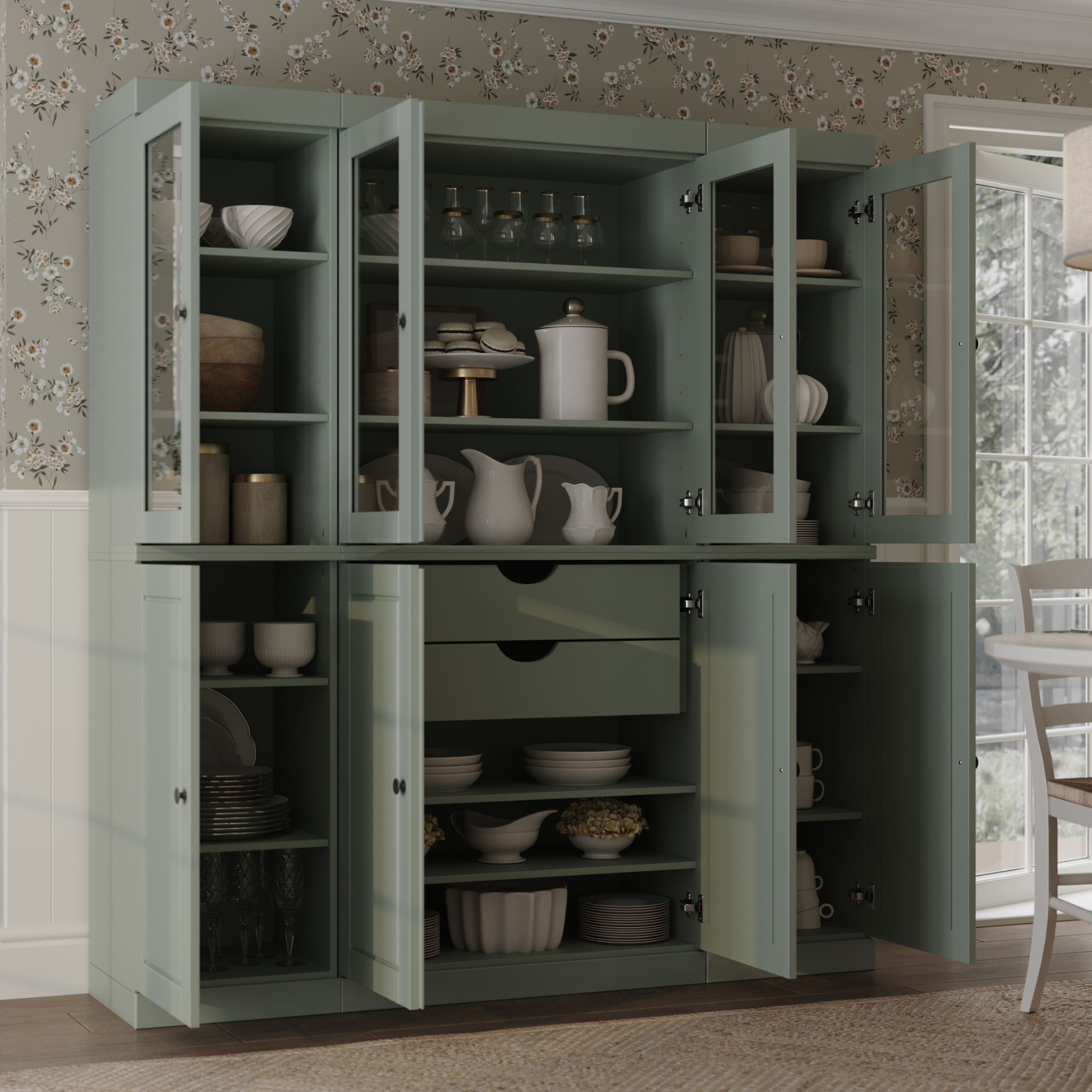 Palace Imports 100% Solid Wood Kitchen Pantry Storage Cabinet with Glass Doors, Adjustable Shelves and 2-Drawers, Sage