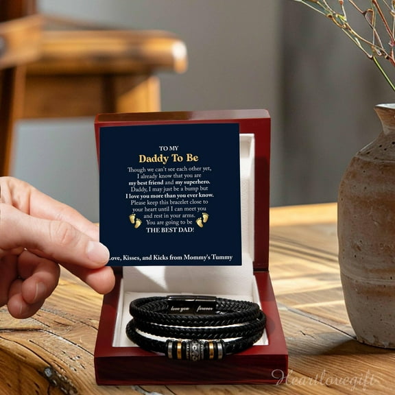 Daddy To Be Leather Bracelet Gift from Bump with Message Card and LED Box, Father To Be Gifts, Soon To Be Dad Gift on Fathers Day, Expecting Dad Gift Ideas from Baby