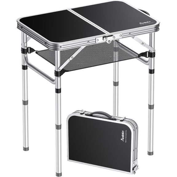 Folding Camping Table, Aluminum 24" x 16" Adjustable Height Small Folding Table with Carrying Handle, Lightweight, Portable Camping Table Waterproof for Outdoor Indoor Picnic Beach BBQ (Black)