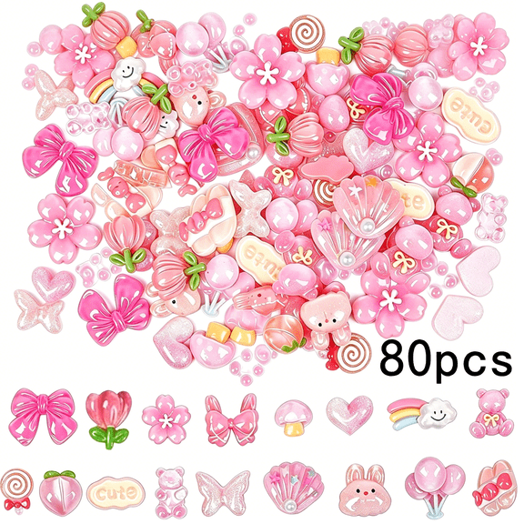 CYFW 80 Pcs Pink Resin Slime Charms Cute Kawaii Flatback Charm Heart Flower Bows Fruit Flatback Accessories Bulk for Jewelry Cellphone Case Scrapbooking Headband Diy Craft Making