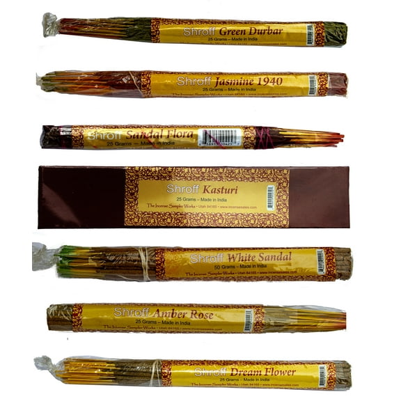 Shroff Incense Combo Pack - 7 Scents - Amber Rose - Dream Flower - Green Dunbar - Jasmin 1940 - Kasturi - Sandal Flora - White Sandal