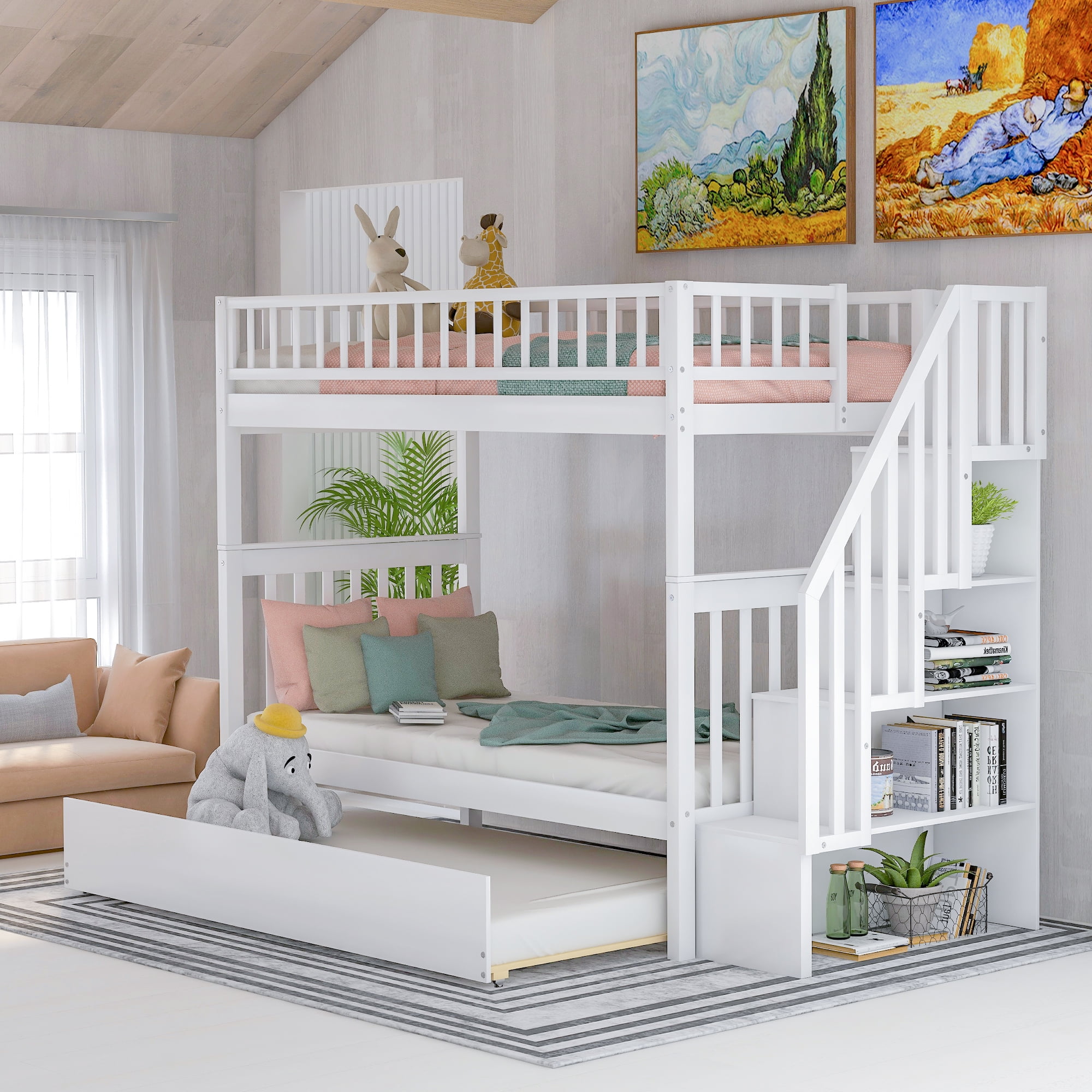 Euroco Twin Over Twin Bunk Bed with Trundle and Storage Shelves, White