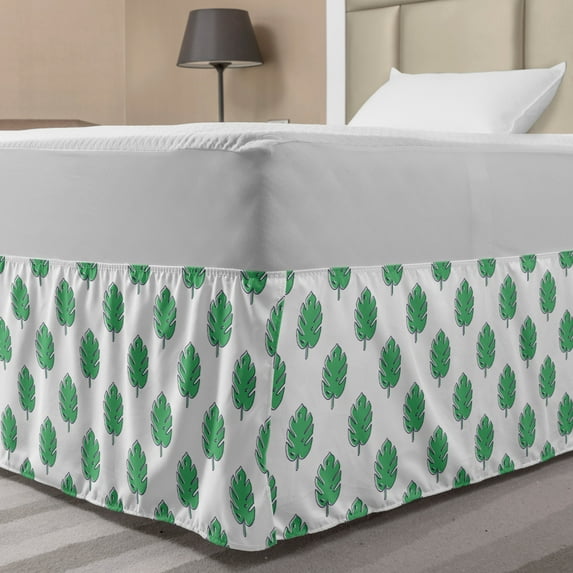 Tropical Bed Skirt, Exotic Summer Pattern Hawaiian Arcadia with Monstera Leaves Repetition, Elastic Bedskirt Dust Ruffle Wrap Around for Bedding Decor, 4 Sizes, Shamrock Green White, by Ambesonne