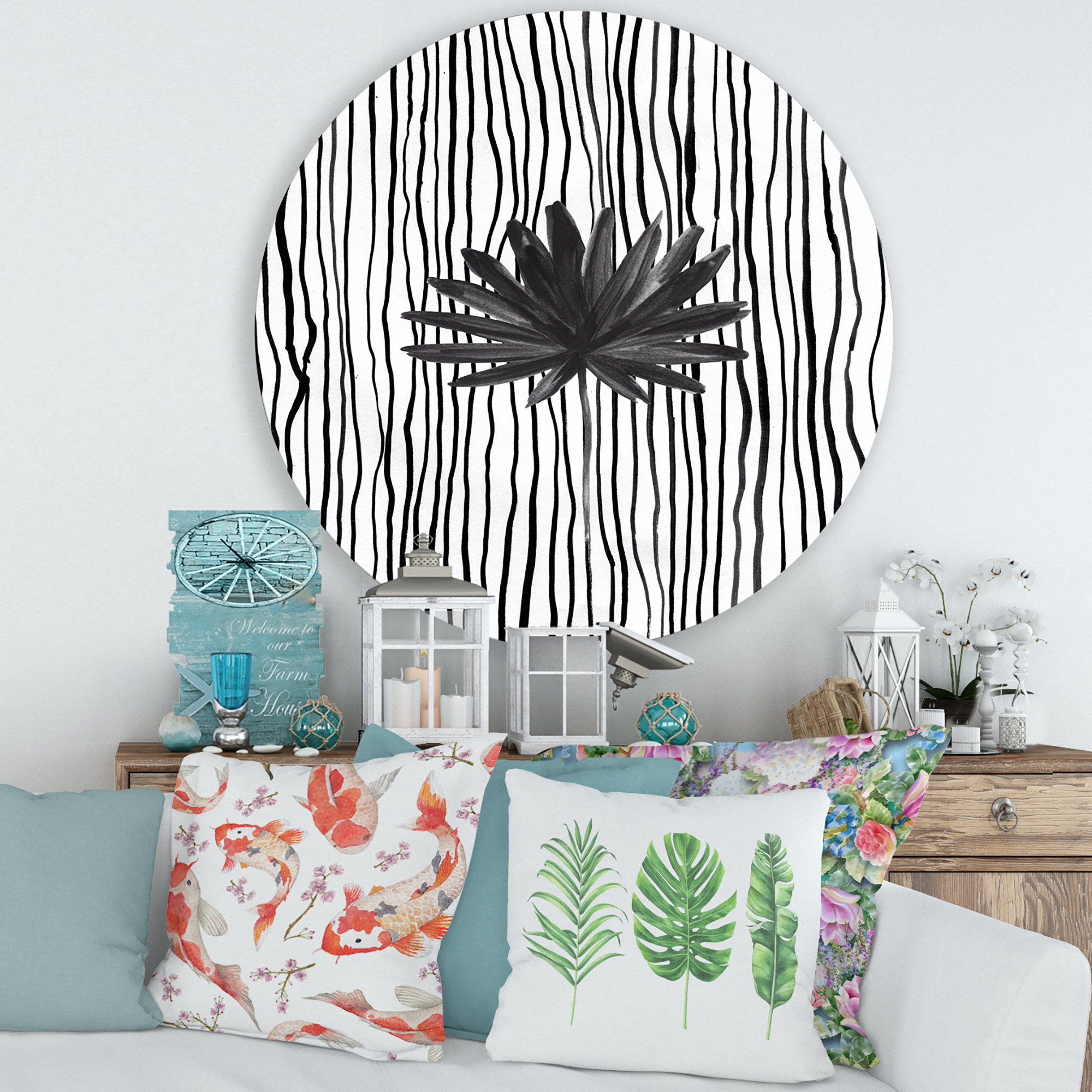 Designart 'Black and White Striped Under Tropical Leaf III' Modern Circle Metal Wall Art 29x29 - Disc of 29
