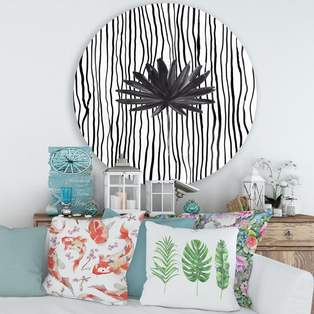 Designart - Feuille Tropicale Noire et Blanche sur Rayée III - Art Mural Rond en Métal Moderne