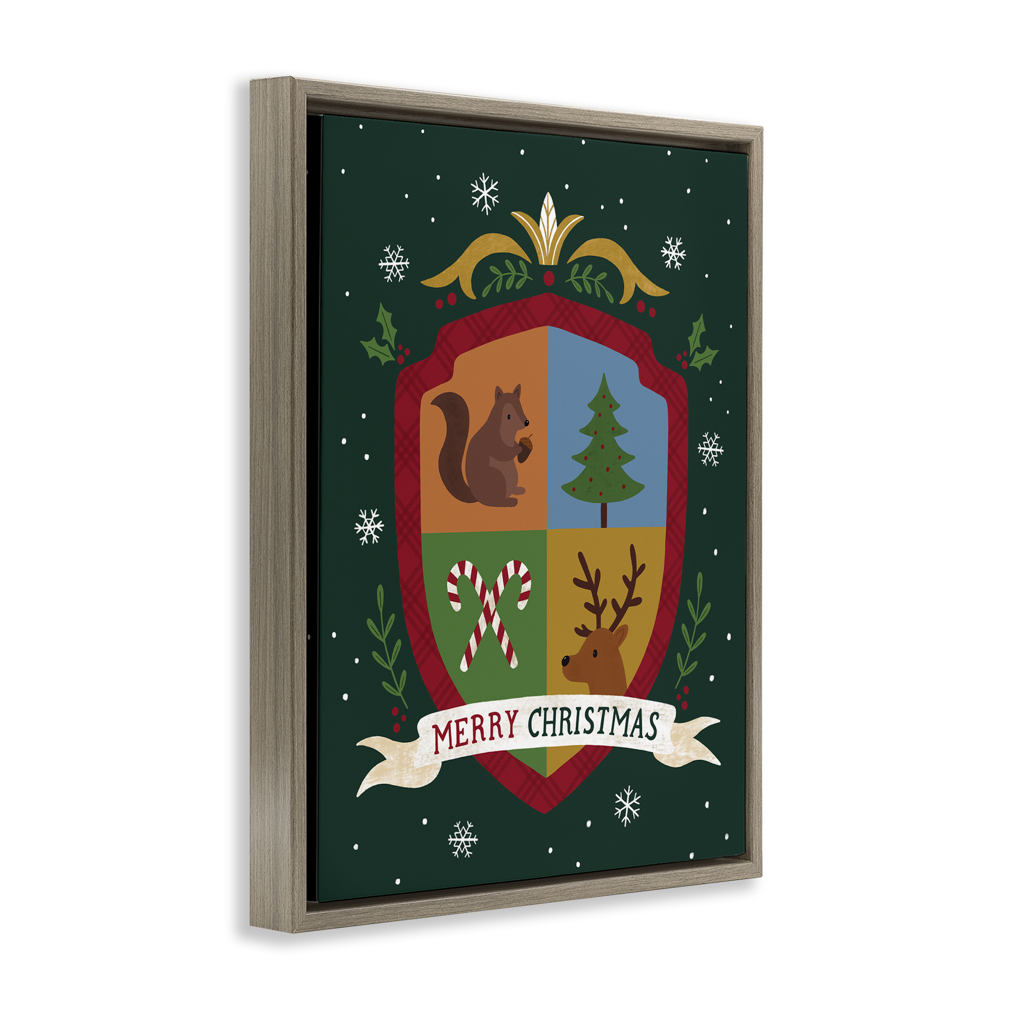 Stupell Industries Merry Christmas Woodland Crest Holiday Painting Brown Floater Framed Canvas Art Prints Wall Art, 25 x 31