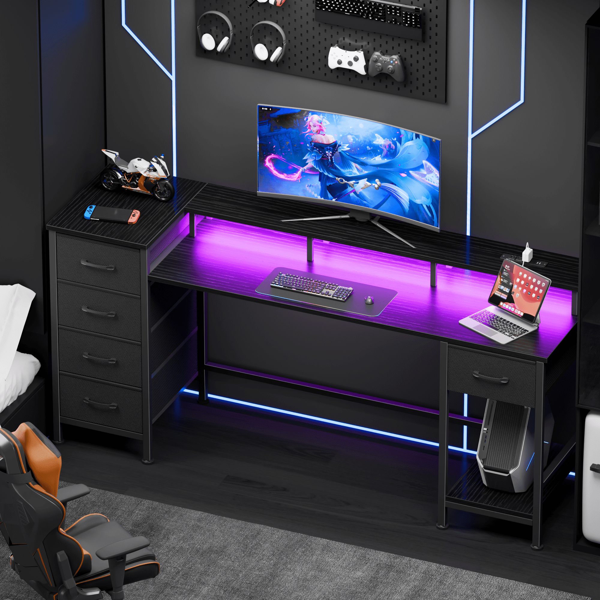 Satifur 61" Computer Desk with LED Lights & Power Outlets, Gaming Desk with 5 Fabric Drawers & Open Shelves, Reversible Home Office Desk,Black