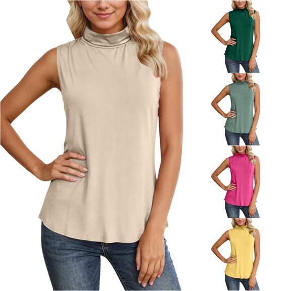 LiuXxxx Women's Ribbed High Neck Sleeveless Stretch Soft Basic Tank Beige L