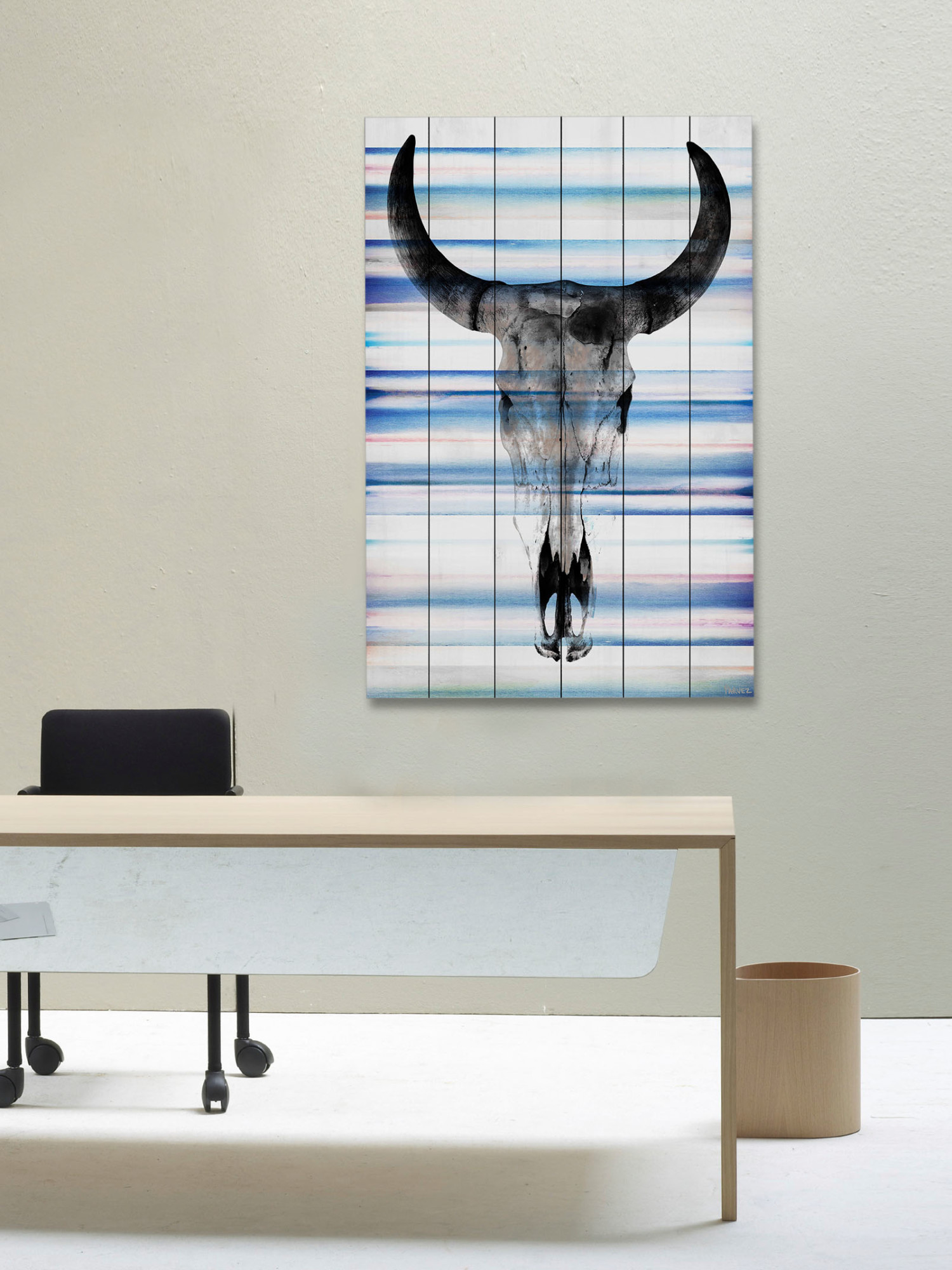 Parvez Taj Pt-Wnpw-123-Ww-45 45" x 30" "Long Skull Face" Art Print On White Wood
