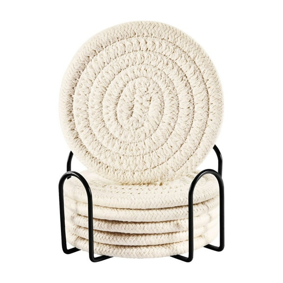 White Coasters with Holder for Coffee Table 6 Pcs Drink Coaster Sets Absorbent for Home Decor 4 inch