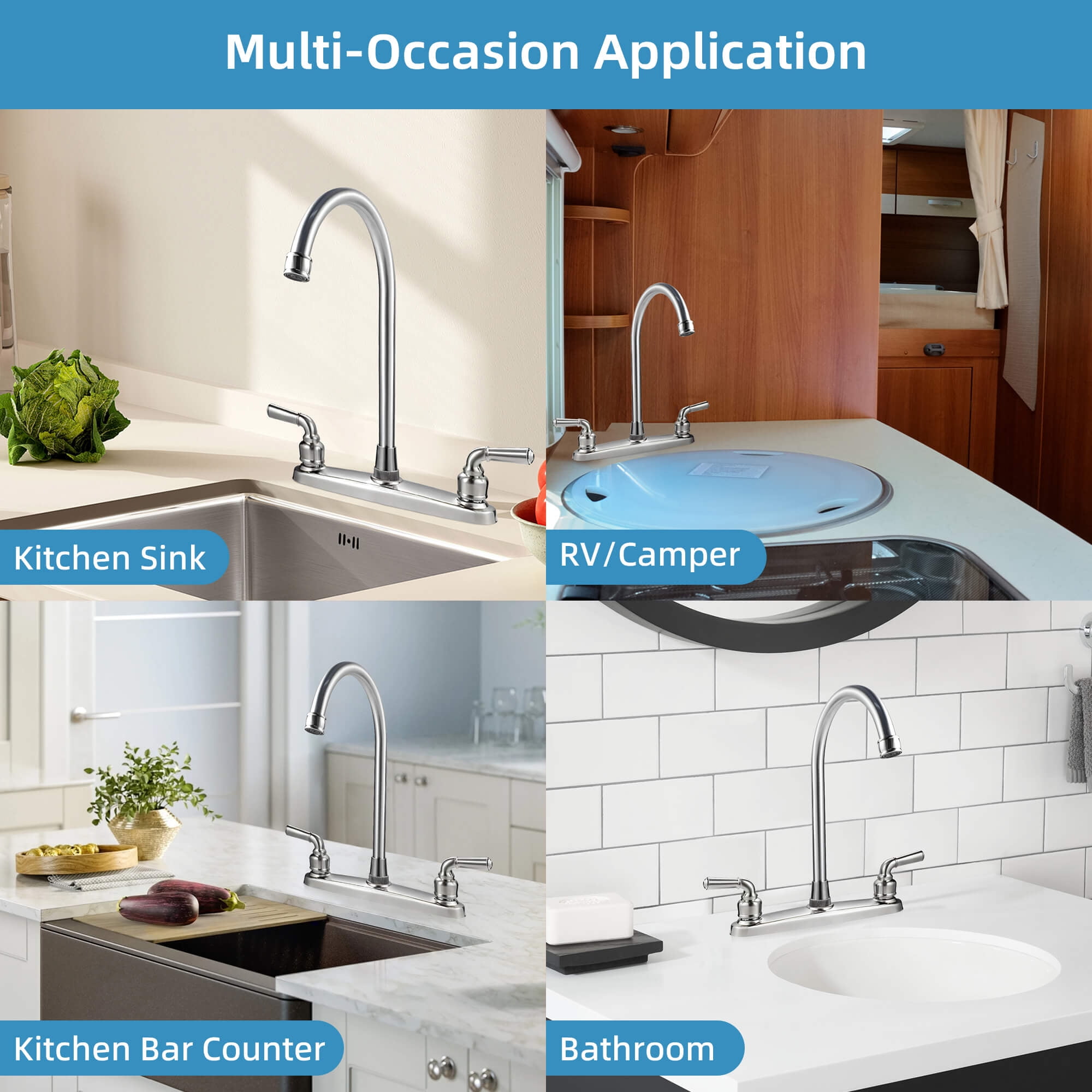 Sentryse 2 Handle Kitchen Sink Faucet, High Arc 360 Swivel Stainless Steel Pipe 3 Hole Kitchen Faucet for RV Laundry Farmhouse Bar Sink, Silver