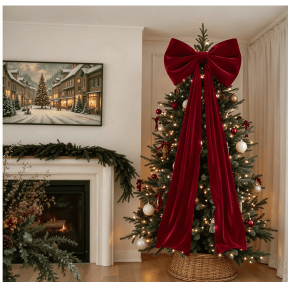 Burgundy Velvet Christmas Bow 63 x 16 Inch, 1PCS Large Ribbon Bow for Christmas Tree, Wreath, Door, Staircase and Holiday Decor