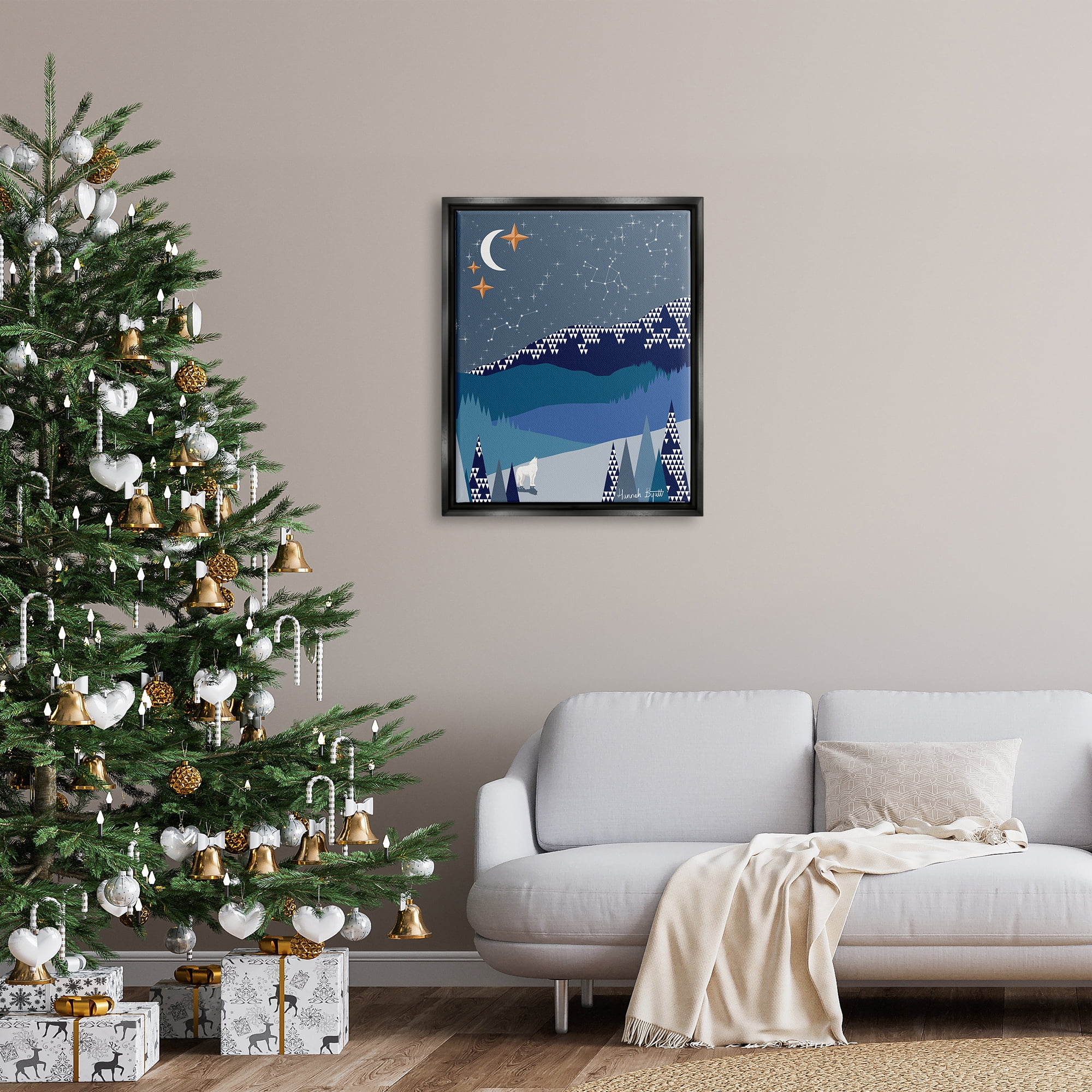 Stupell Industries Winter Night Landscape Holiday Painting Black Floater Framed Art Print Wall Art, 25 x 31
