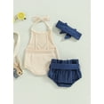 thumbnail image 4 of Wassery Infant Baby Girl Clothes Set Solid Color Tie-Up Halter Neck Knit Sweater Romper Denim Shorts with Belt Headband 3Pcs 3M 6M 12M 18M Toddler Girls Summer Outfit, 4 of 8