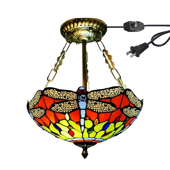 Kiven 11.8in Flush Mount Ceiling Light Fixture Dimmable, 2-Light Anti Glare Close to Ceiling Light with 15FT Plug-in Cord, Tiffany-Style Glass Chandelier for Bedroom Kitchen Hallway(No.3218)