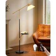 68" Arc Floor Lamp with Table, Vintage Standing Lamp for Living Room with Tray, Height Adjustable, 5 Color Temperatures LED Bulb Included, Beige Shade, for Bedroom Office, Wood Grain