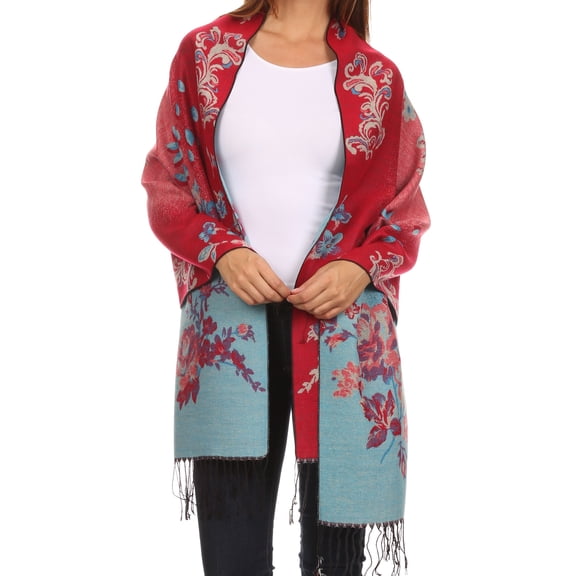 Sakkas Ontario double layer floral Pashmina/ Shawl/ Wrap/ Stole with fringe - 1-RedBlue - One Size Regular