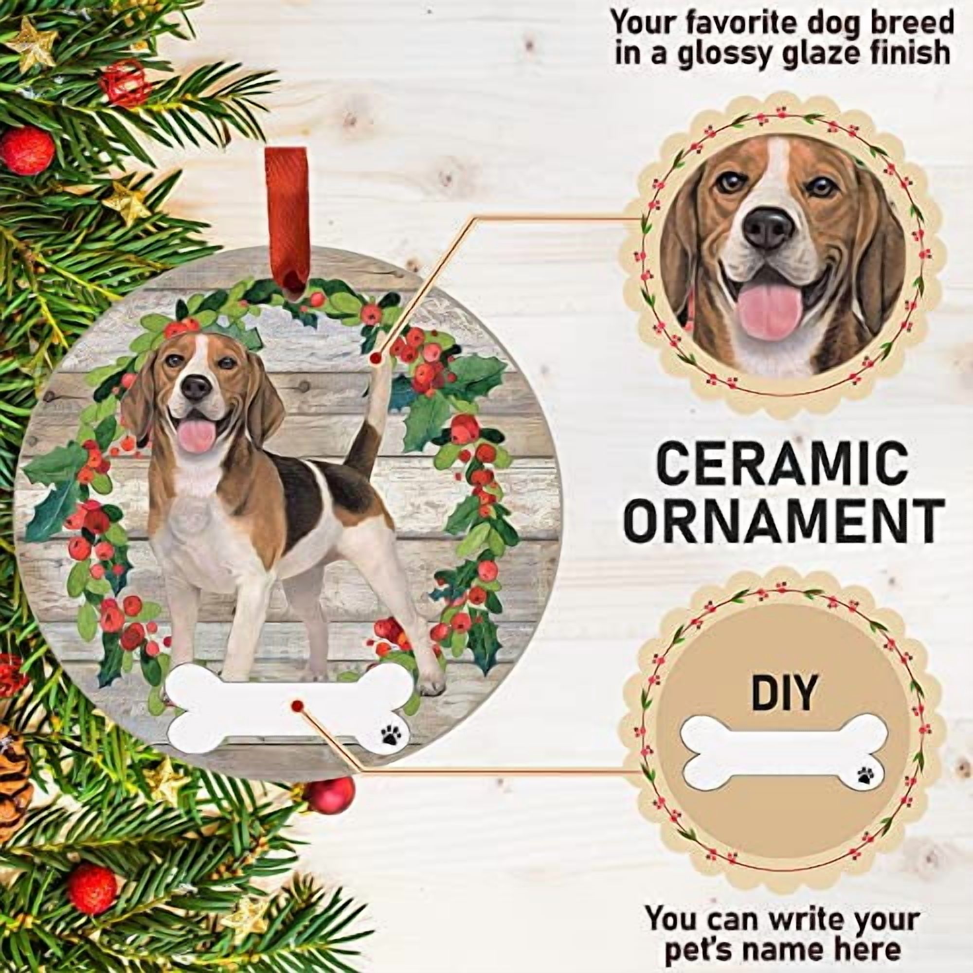 E&S Imports Beagle Ornament - E&S Pets DIY Personalizable Dog Gifts Ceramic Round with Glazed Finish X-mas Decoration Christmas Ornaments Craft for Pet Lovers