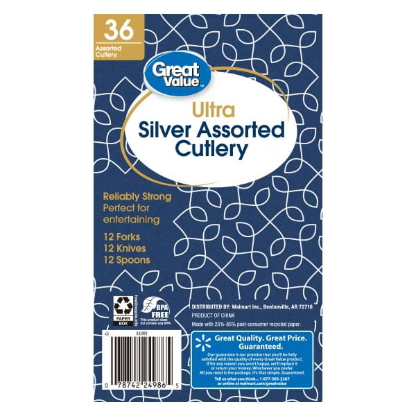 Great Value Ultra Disposable Plastic Cutlery, Silver, Assorted, 36 Count