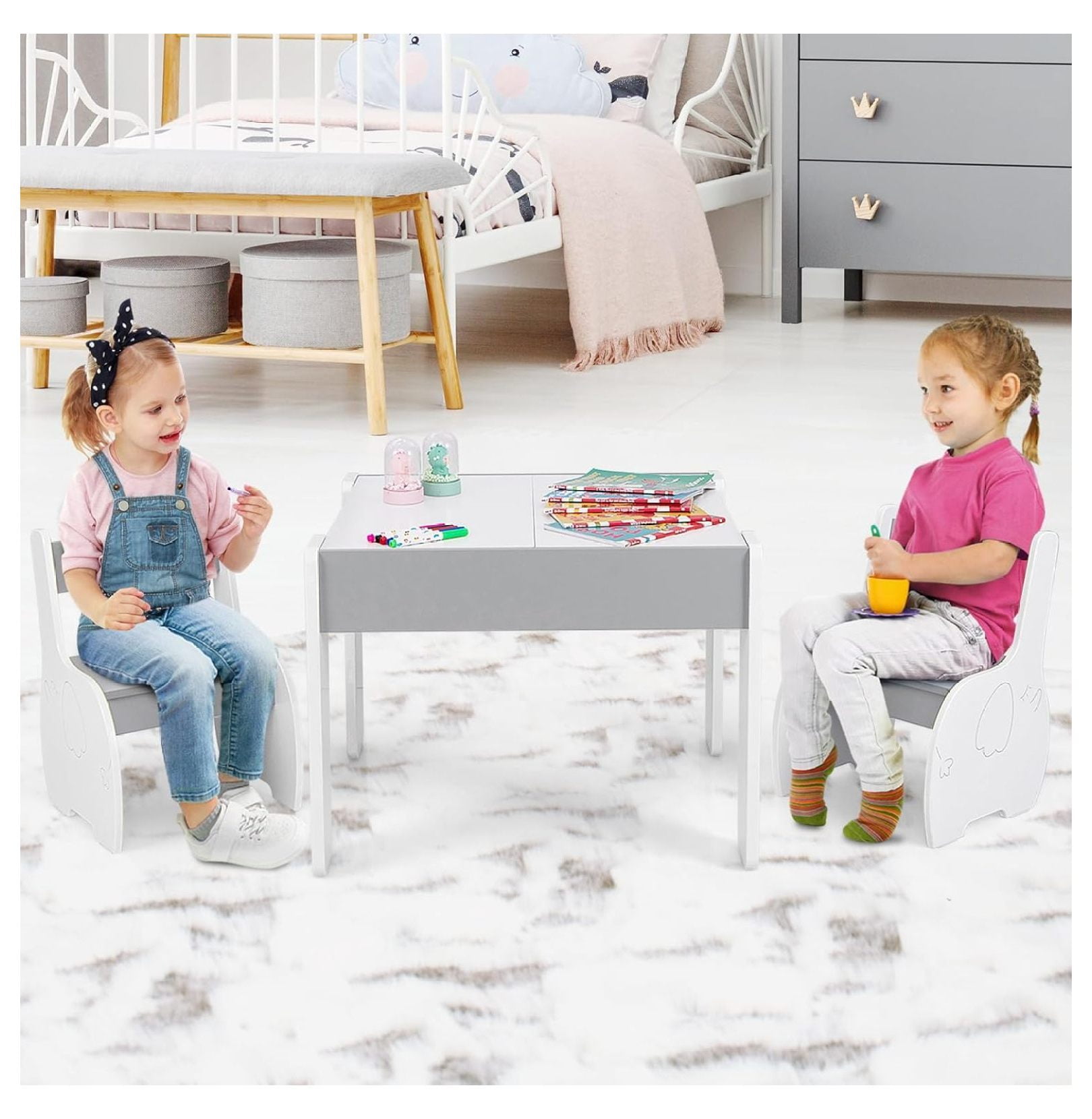 Kids Table and Chair Set, 4-in-1 Wooden Activity Table with 2 Chairs, Reversible Blackboard, Toddler Furniture for Art, Storage, Ages 3-6
