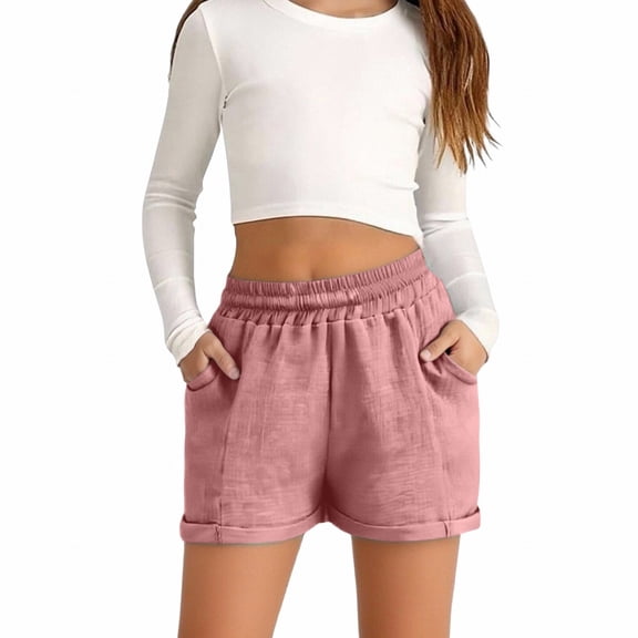 CPNG Girls Casual Shorts Elastic High Waist Shorts Solid Color Summer Comfy Loose Shorts with Pockets(Pink,8-9 Years)
