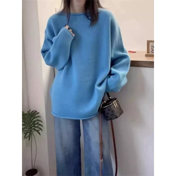Round Neck Dropped Shoulder Sweater – Casual Relaxed Fit Knit Pullover for Women