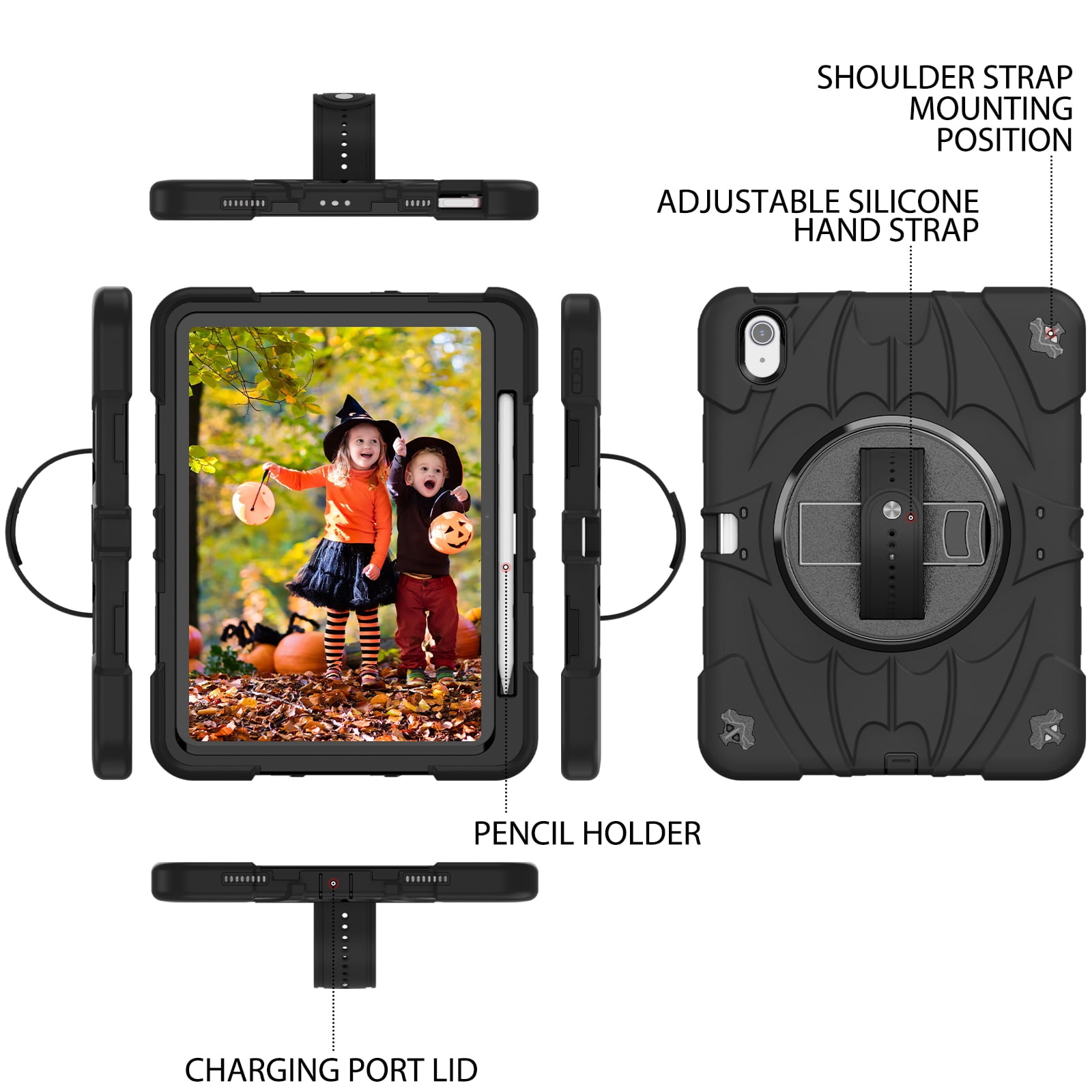 ELEHOLD Case for Apple iPad Air 11 (2024), Heavy Duty Shockproof Case with Pencil Holder/Stand/Hand Strap/Shoulder Belt, Rugged Protective Cover for Boys Girls,Black