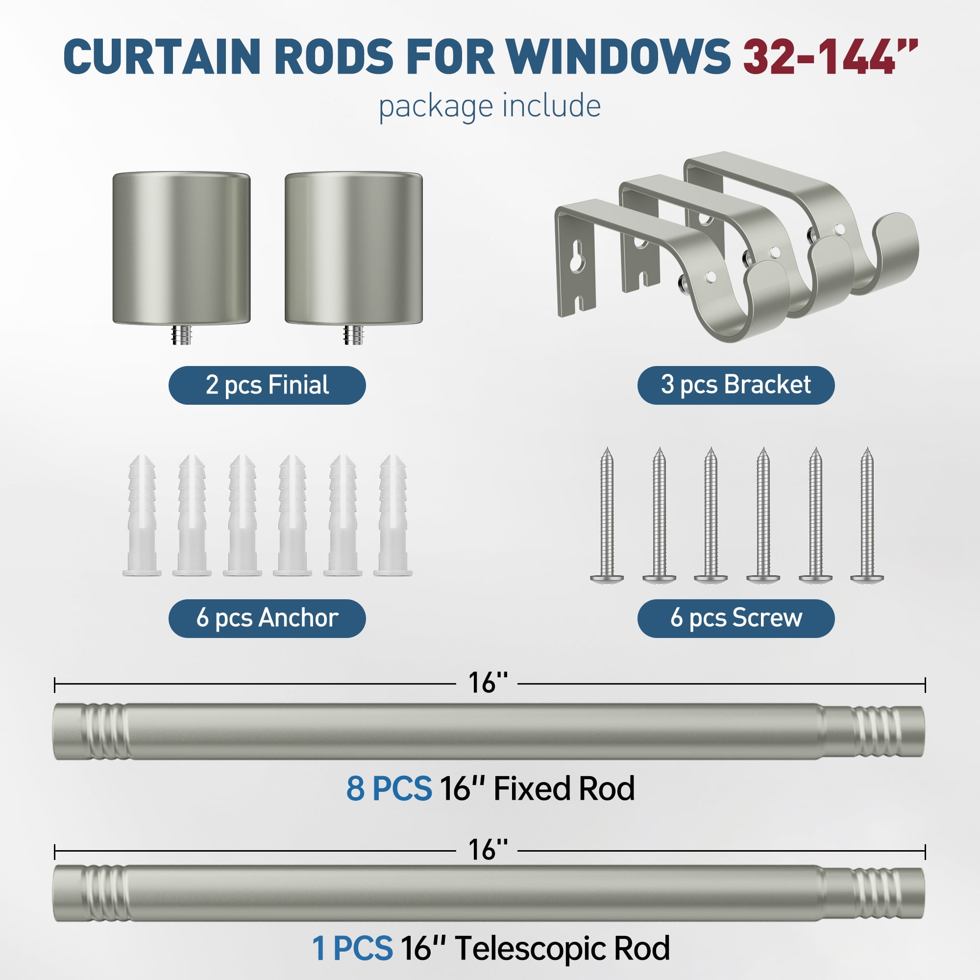 Curtain Rods 32 to 144 inch,1'' Heavy Duty Window Curtain Rod, Adjustable Curtain Rod Set, Modern Decorative Drapery Rods with Aluminium End Cap,Telescoping Single Window Curtains Rods 32-144",Silver